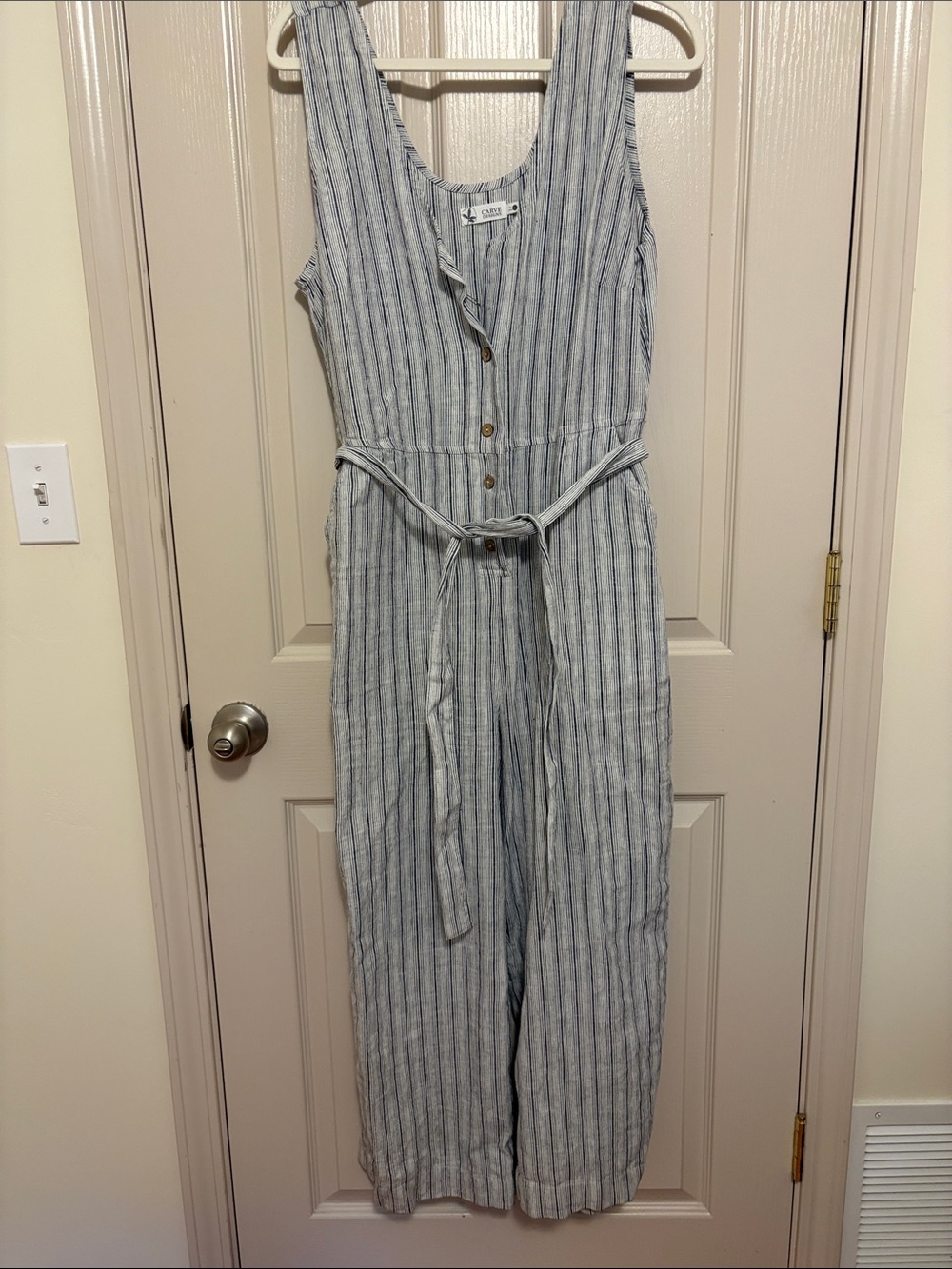 Carve Designs Blue and White Striped Sleeveless Button-Front Jumpsuit